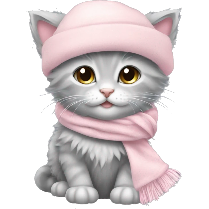 fluffy gray winter kitten with pale pink christmas hat and pale pink scarf emoji