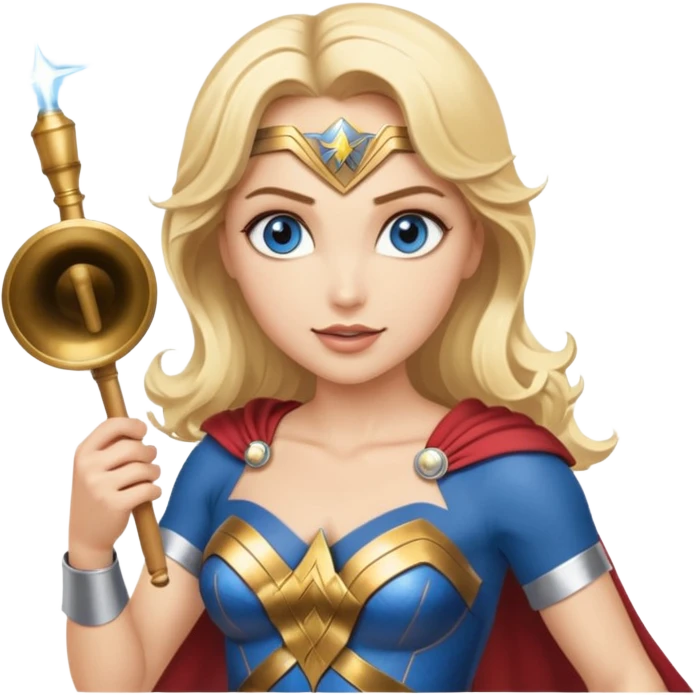 Blonde blue eyed Wonder Woman holding white orchestra conductor’s baton and bell emoji