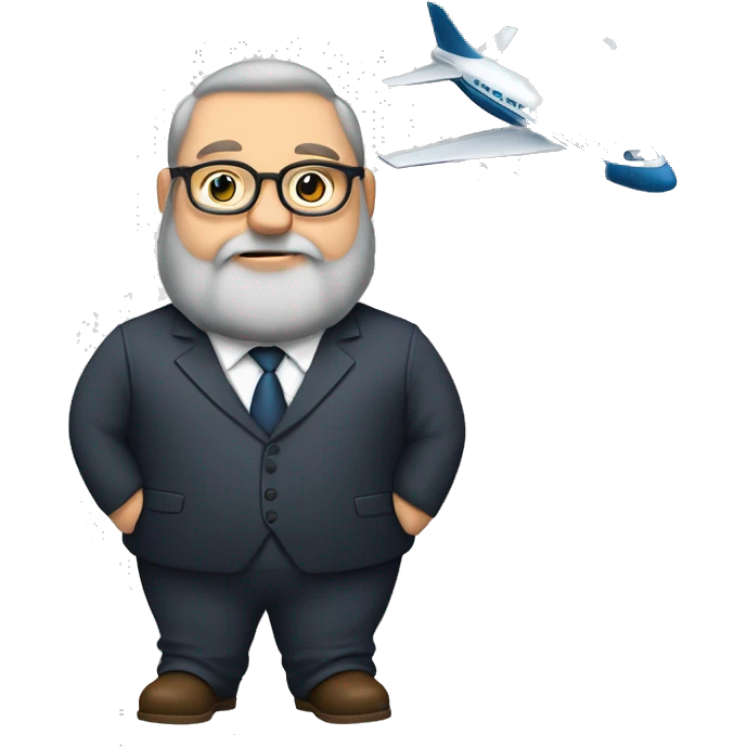 Fat guy, big beard, with 40 years, using round glasses using suit and tie with beard handing a mini airplane  emoji