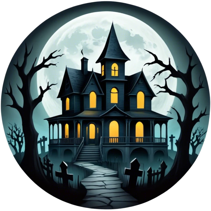 Icon for Horror Movies: A dark, eerie collage featuring iconic horror elements like a haunted house, a full moon, sinister shadows, and creepy creatures emerging from the darkness. The atmosphere should be chilling, with a feeling of suspense and fear. Transparent background. emoji