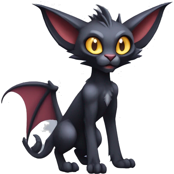 Black cool vampiric Noivern-Litten-Lykoi-Caracal-Fakemon with big bat ears full-body emoji