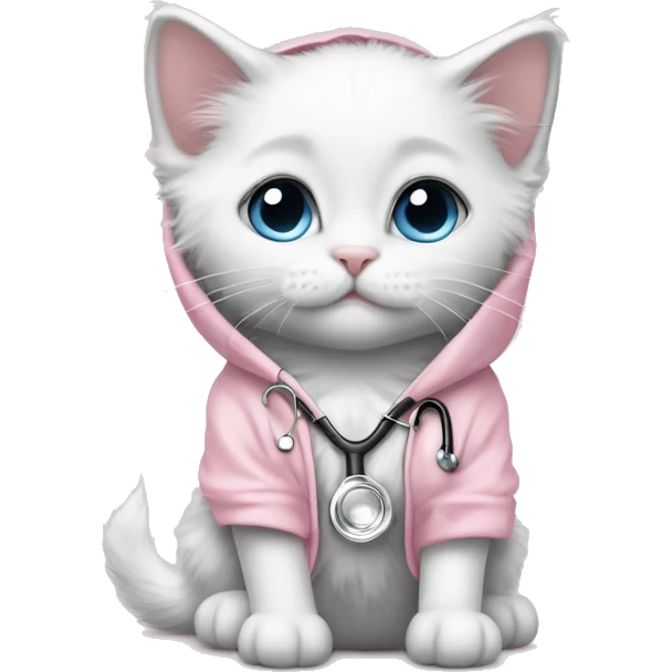 White rag doll kitten wearing a fancy light pink hoodie and grey stethoscope covered with diamonds emoji