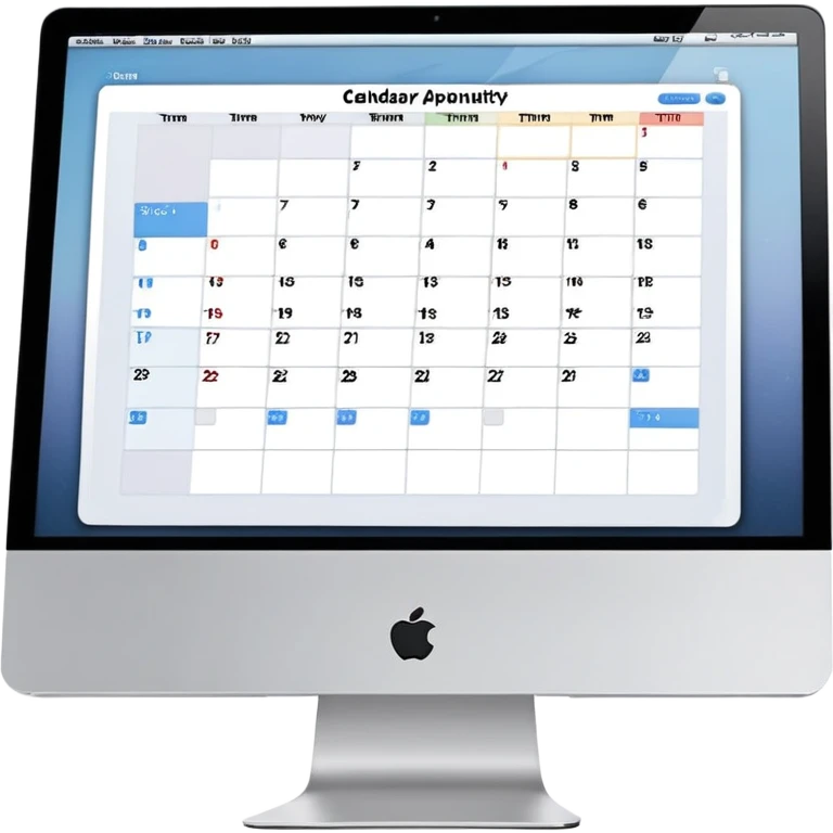 front-facing iMac displaying a day view calendar with time slots and several booked appointments emoji