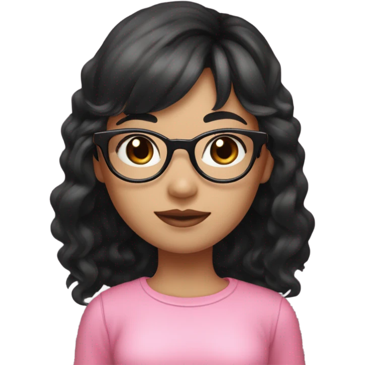 An Asian girl with light skin, black eyes, and medium-length wavy black hair with bangs. She’s wearing round metal glasses, has black eyebrows, pink lips, and a warm smile. She’s dressed in a pink crop top emoji