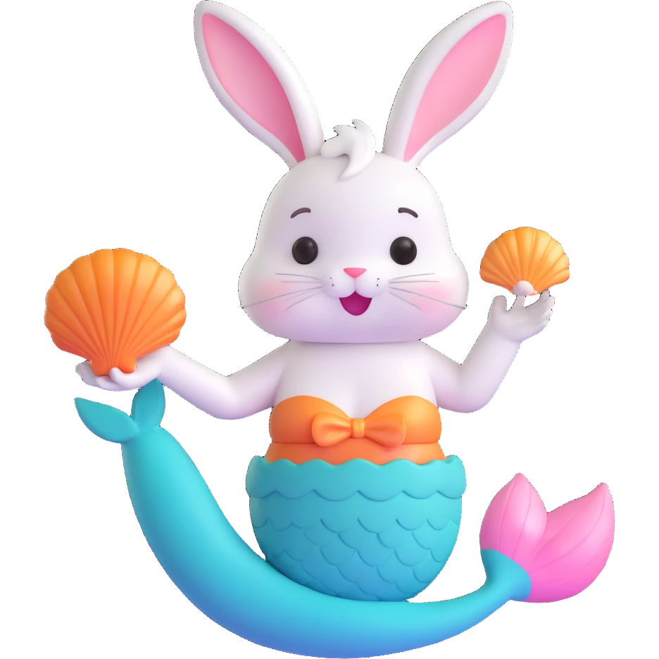 cute bunny with a mermaid tail holding a shell singing emoji