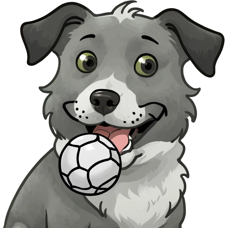Grey white and black curly fur dog with ball in mouth emoji