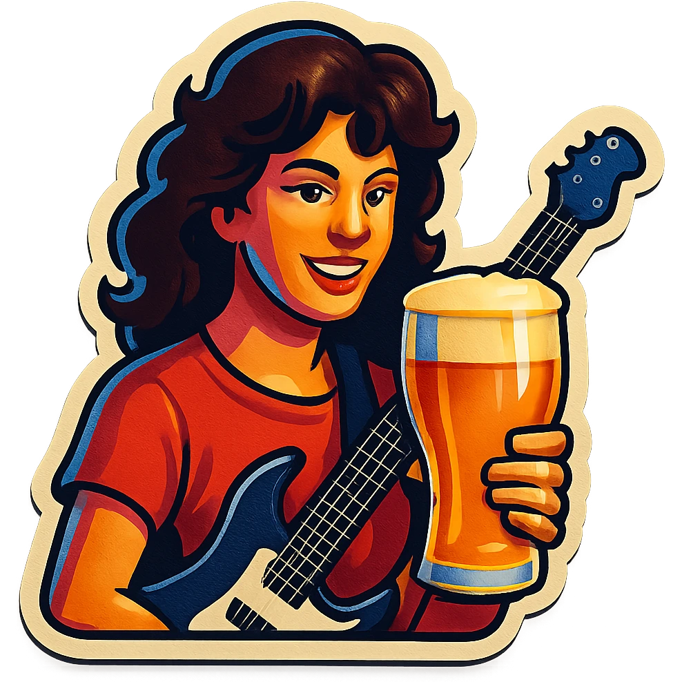 A sticker of a female musician with a glass of beer emoji