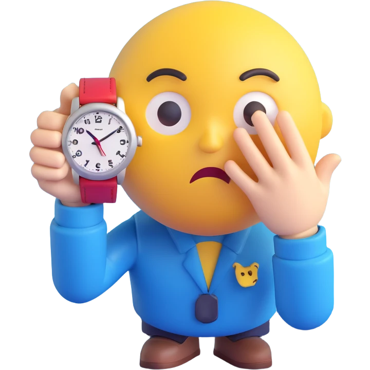 A yellow emoji face with a worried expression, looking at a wristwatch with raised eyebrows, showing urgency and stress emoji