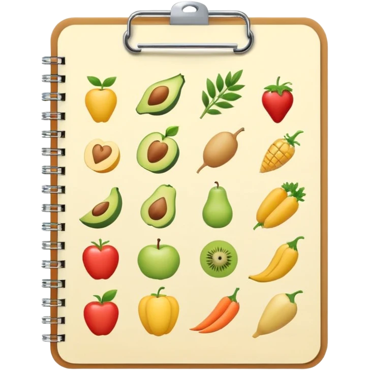 Emoji of checklist notebook with healthy food icons, nutrition planning, flat minimal emoji, pastel colors emoji
