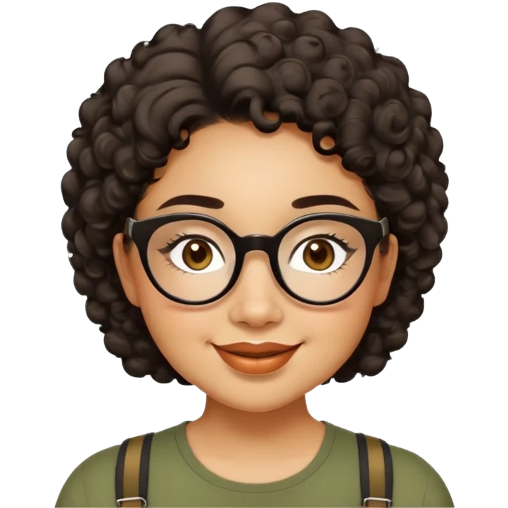 Woman in her 20s with caramel skin tone. Cheerful round face with chubby cheeks. Brown eyes behind thick black glasses. Voluminous short curly hair. Wide smile with dimples. Wearing olive green shirt with wide straps. emoji