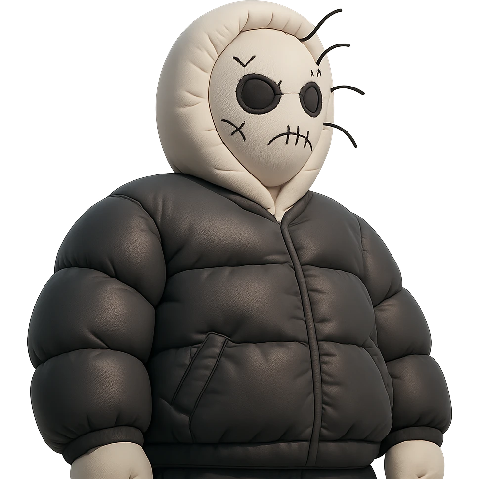 This image shows a person wearing a unique and artistic outfit. The perspective is shot from a low angle, making the figure appear imposing and dramatic. Here are the key elements:
	•	Headgear: The person is wearing a white knitted balaclava-style mask with black, irregular stitched designs and protruding black threads, giving it a surreal or avant-garde look.
	•	Clothing: The outfit appears to be a dark, possibly custom or streetwear-style jacket with visible seam or pattern details.
	•	Setting: The background is minimalistic, featuring clean white walls and sharp architectural lines, contributing to a modern and abstract aesthetic.
	•	Vibe: The overall feel is edgy, mysterious, and highly stylized—reminiscent of conceptual fashion photography or art-driven editorial shoots. emoji