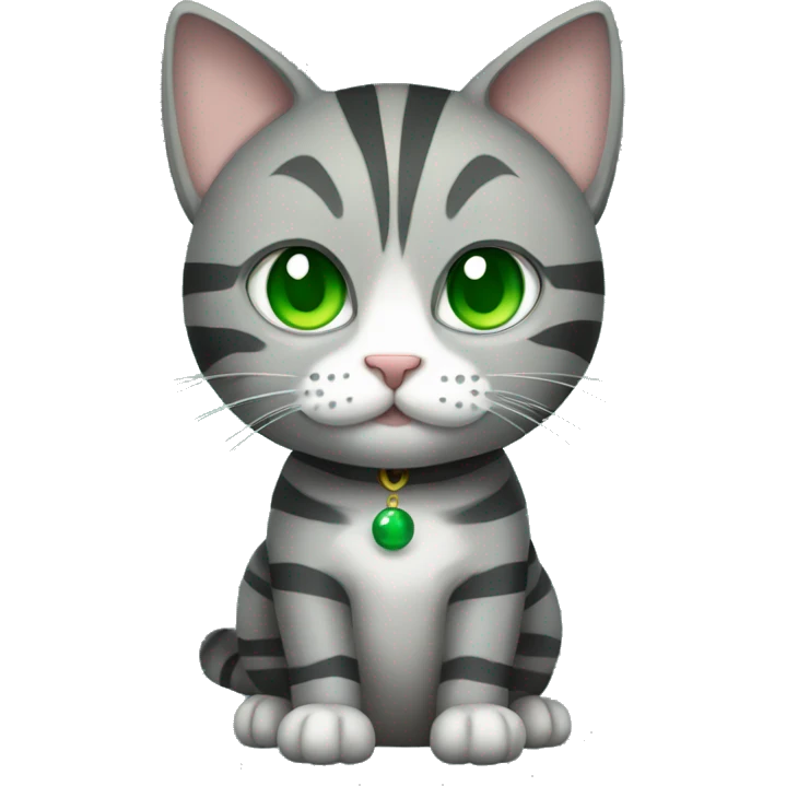 A striped grey cat with green eyes with New Year's ball emoji