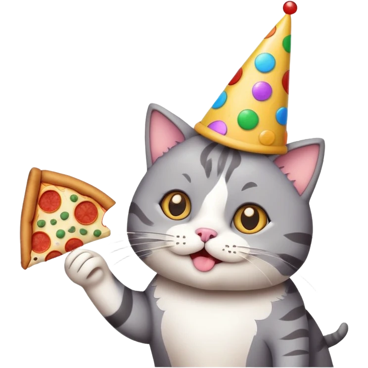 cat with a party hat, confetti around, holding a slice of pizza, college party vibe emoji