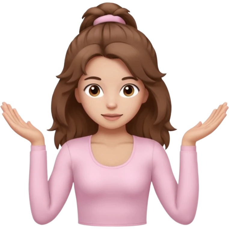 brown hair girl wearing light pink pilates clothes, fluffy medium hair and brown eyes emoji