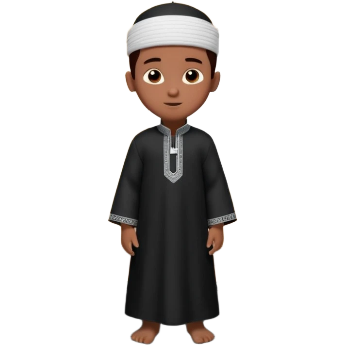 Personnage 3D mignon en style Pixar, un petit garçon portant un qamis blanc et un kufi, tenant un tapis de prière, entouré de lanternes brillantes, fond doux, couleurs chaudes, garçon teint noir TENANT UN APPAREIL PHOTO emoji