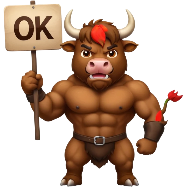 Angry powerful bull emoji holding a sign with the words OK in front of it emoji