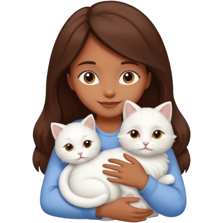 A brown skinned brunette girl hugging a white cat emoji