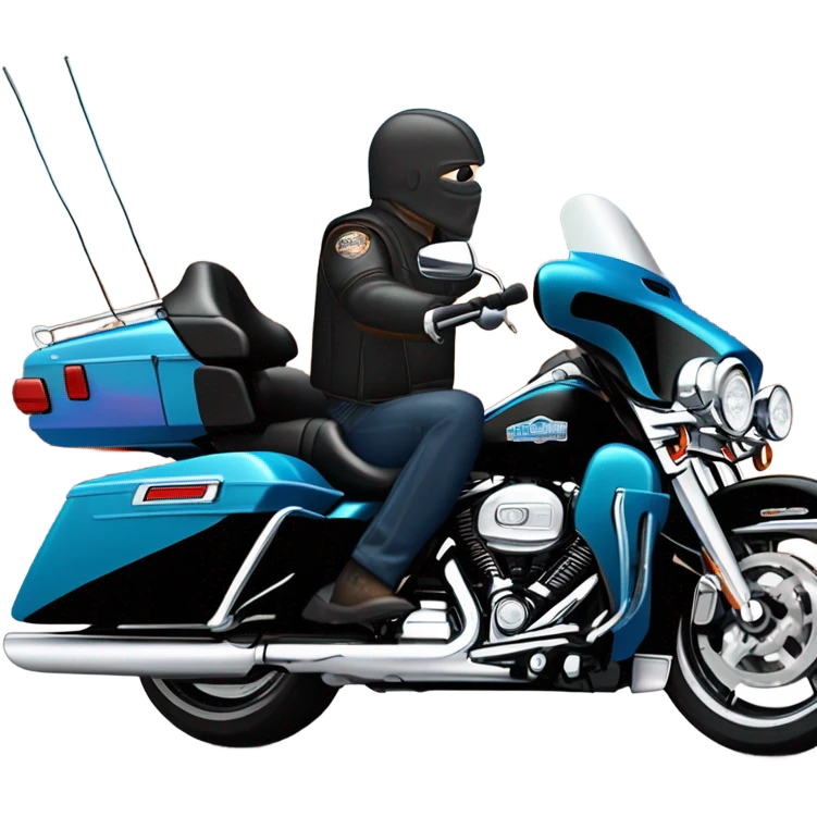 angled frontend view of a harley davidson electra glide ultra classic with big blue pearl and vivid black two color paint scheme with recurve windshield, a radio antenna and a citizen's band radio antenna and an older white man without a helmet sitting on the front seat. emoji