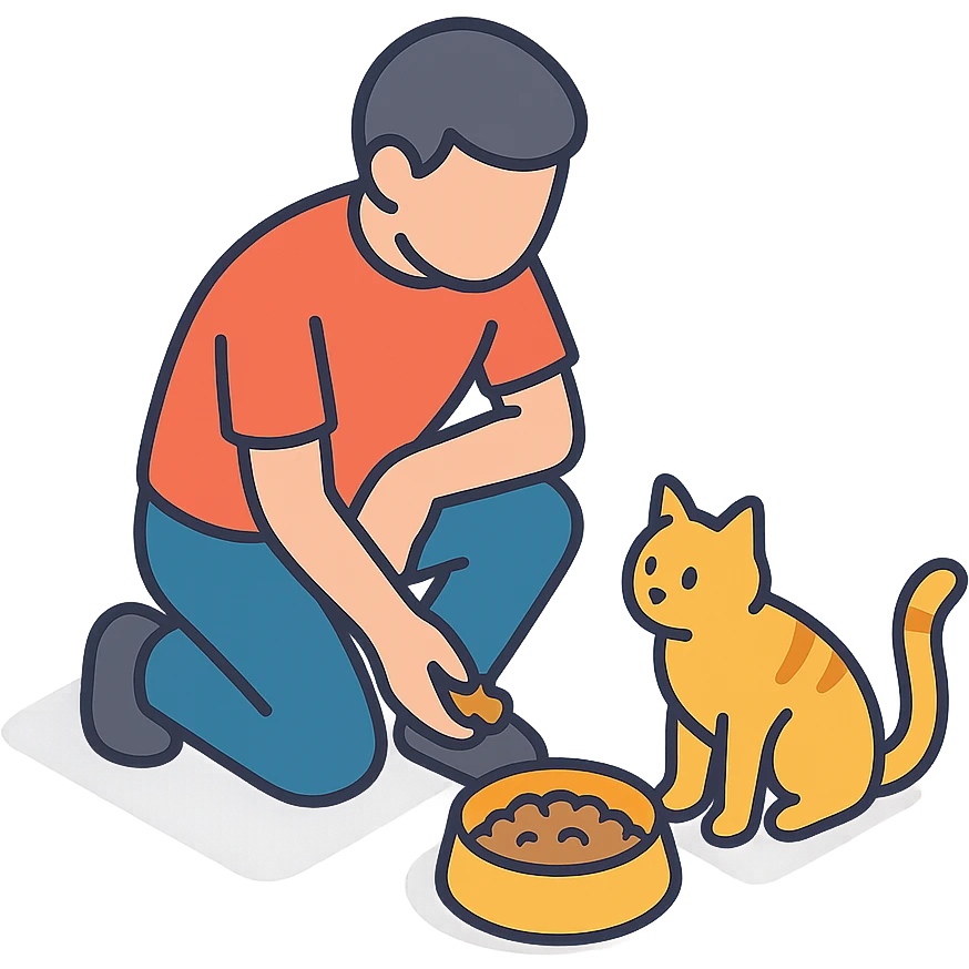 мужчина кормит кошку emoji