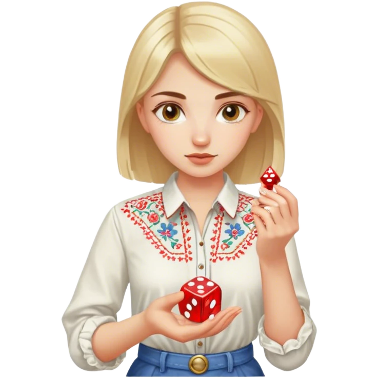 A Ukrainian girlin an embroidered shirt holds a dice in her hand emoji