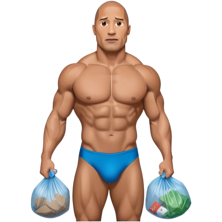 Dwayne the rock Johnson in speedo holding trash bags emoji