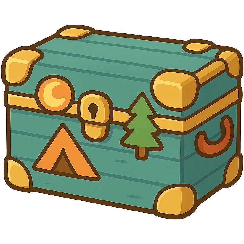a camp trunk, stylized as a cartoon, bright colors, fun emoji