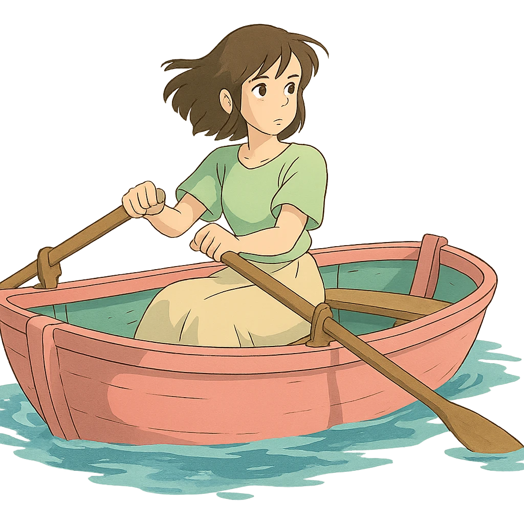woman rowing a pink boat in ghibli style emoji
