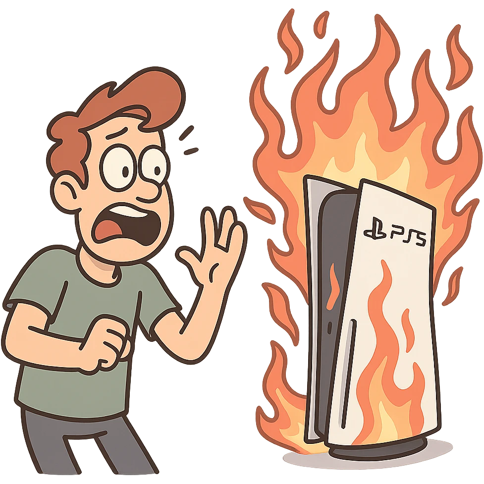 PlayStation 5 with fire effects, dynamic, energetic, cartoon style emoji