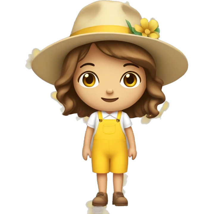 white skin, Girl with a flower in her hand, with a hat, shoulder-length brown straight hair, wearing a yellow pastel jumpsuit with white shirt in it emoji