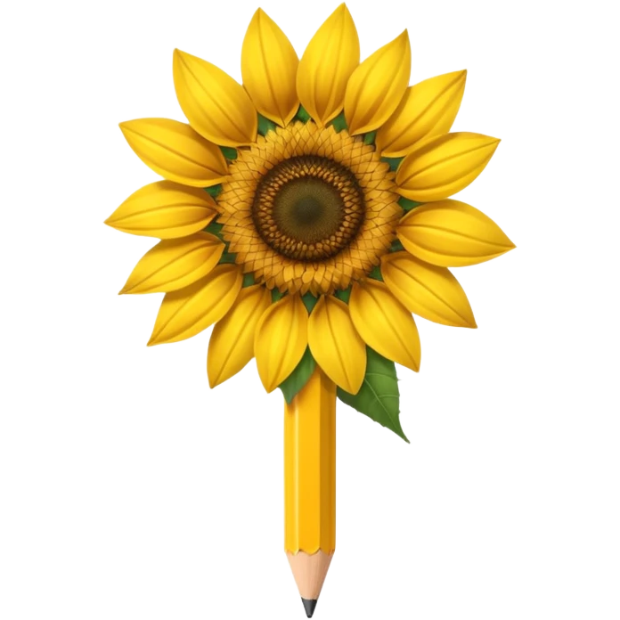 A hyper-realistic object that is half sunflower and half wooden pencil, merging seamlessly at the midpoint. Bright yellow petals, natural textures, detailed graphite tip, soft studio lighting, high-resolution. emoji
