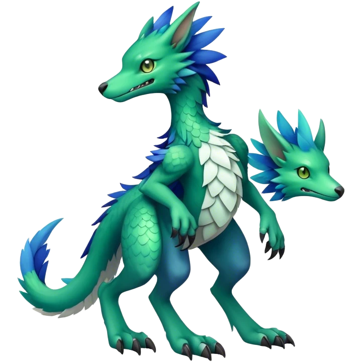 Cute cool fantasy animal hybrid Sergal-Digimon-Fakemon full body, green scales, brown eyes, blue feathers emoji