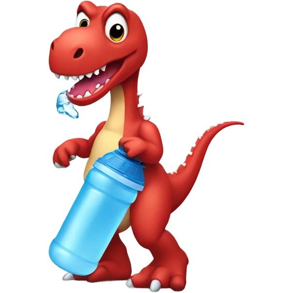 A red trex with a water bottle, wearing a black bow emoji