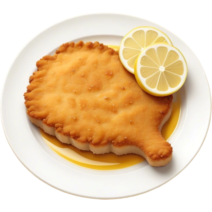 Cinematic Realistic Veal Schnitzel Dish Emoji, depicted as a golden, breaded veal cutlet served with lemon rendered with crisp textures and inviting, natural lighting. emoji