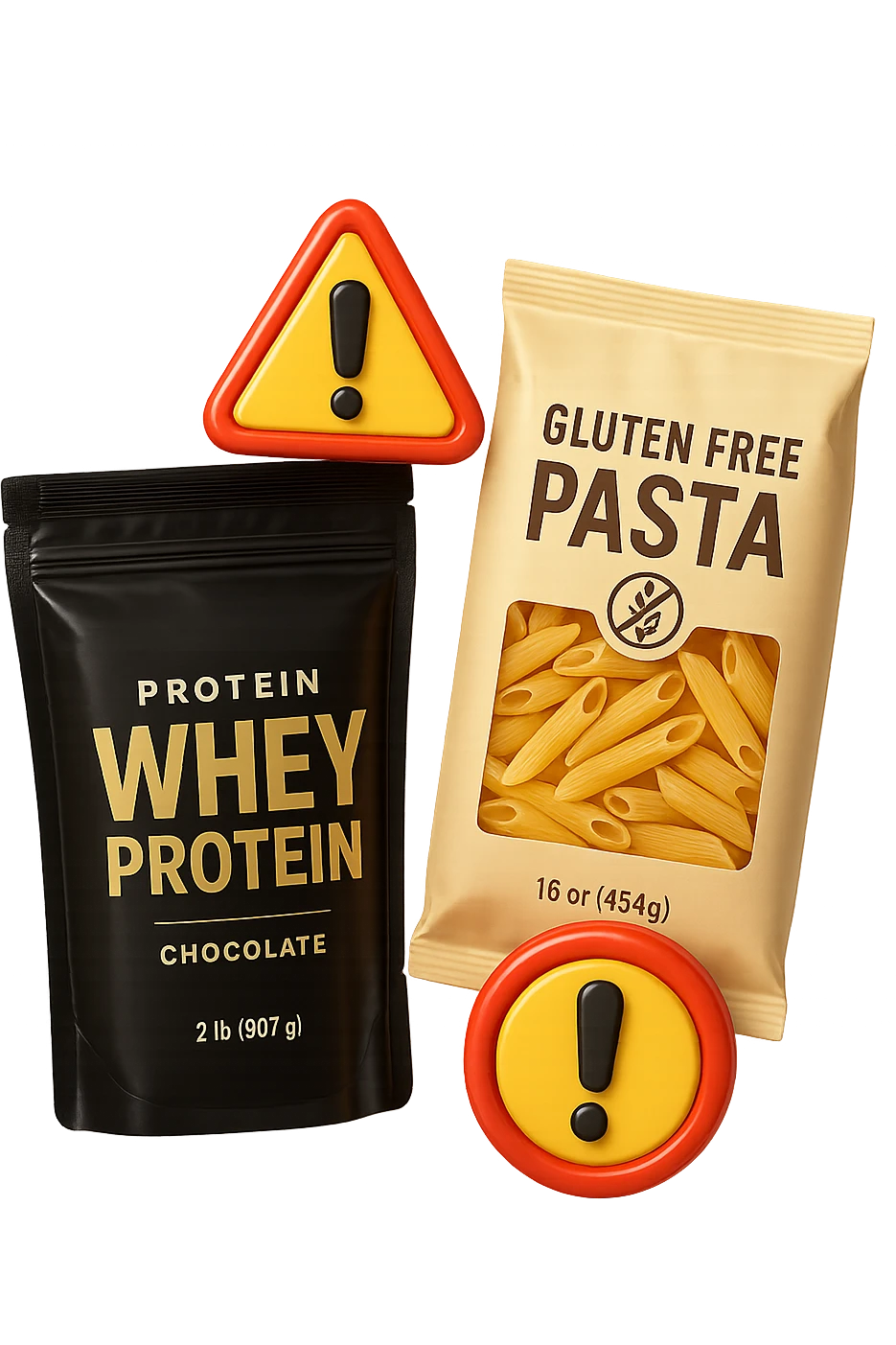 SU QUESTO STILE FAI UN EMOJI STILE IPHONE 3D DI UN pacco di whey protein e un pacco di pasta senza glutine che fluttuano in aria insieme a segnali di pericolo in 3d, FALLO MOLTO REALISTICO IN 3D emoji