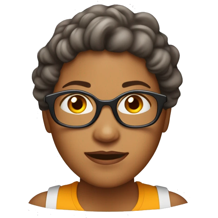 Mulher, 50 anos, cabelo castanho médio e ondulado, olhos castanhos, cara redonda, pele clara, divertida, a piscar o olho emoji