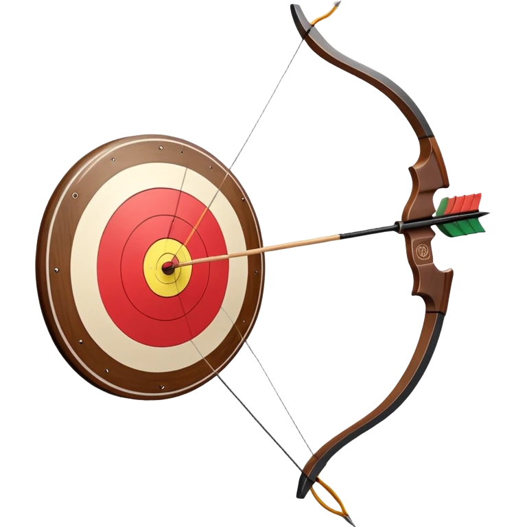 A professional recurve bow with an arrow nocked, ready to be released. The target features concentric rings, placed at a distance. The emphasis is on the bow, arrow, and target, highlighting the precision, focus, and skill involved in competitive archery. emoji