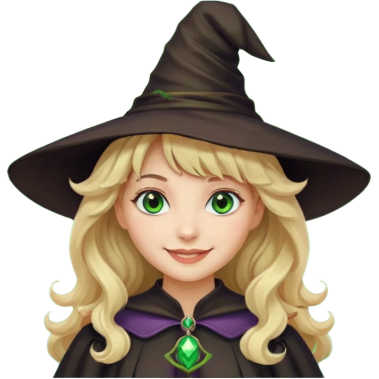 Mulher, branca, cabelos loiros e ondulados com uma franja, olhos verdes e roupa e chapéu de bruxa emoji