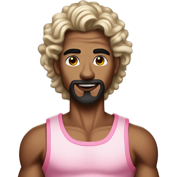 tanned, skinny, feminine-looking young man with long curly black hair, a devil-like chin beard, a big nose, black lipstick and wearing a pink tanktop emoji