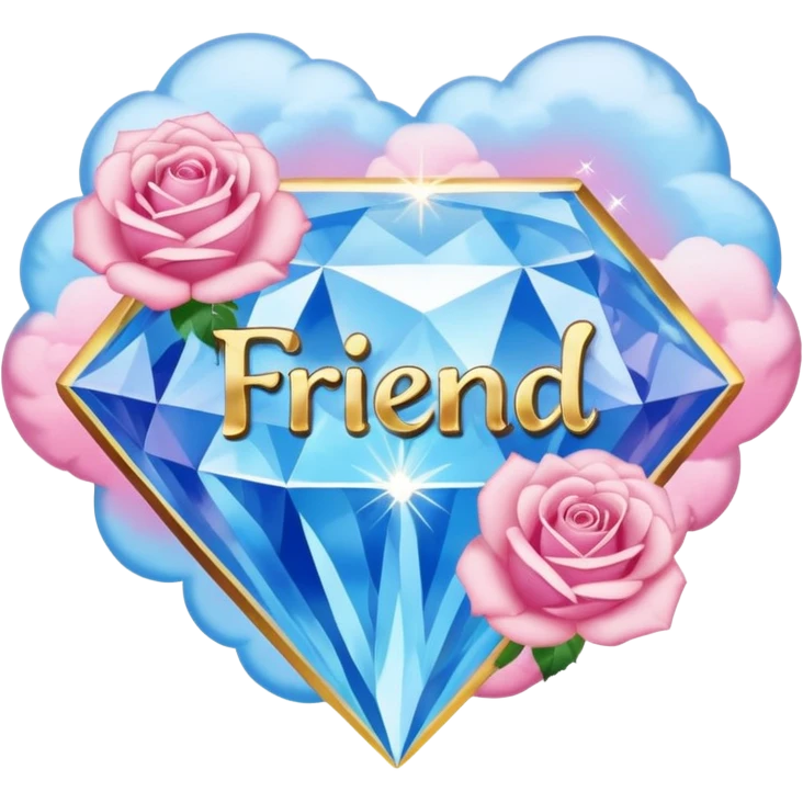 a heavenly pink and blue clouds covering diamonds with beautiful roses and petals and a text that says''Friend'' emoji