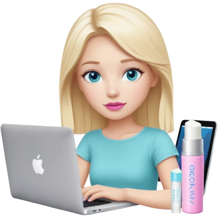 blonde long hair girl using macbook emoji. she has blue eyes and there is tatcha longevity cream (teal colour) and Summer fridays lip balm (pink sugar) in front of the laptop emoji