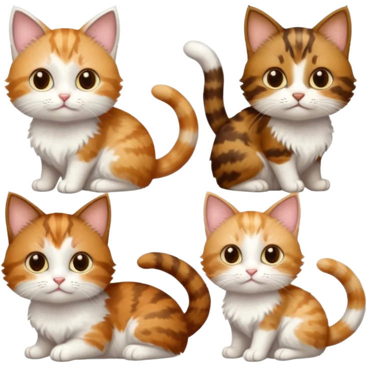 3 small cats different colours including brown tabby and white, light patchy calico, and ginger and white emoji