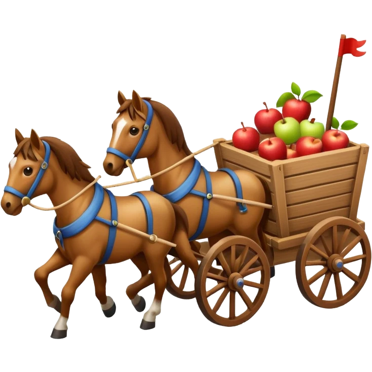 isometric horses pulling a wooden cart, apple emoji style emoji