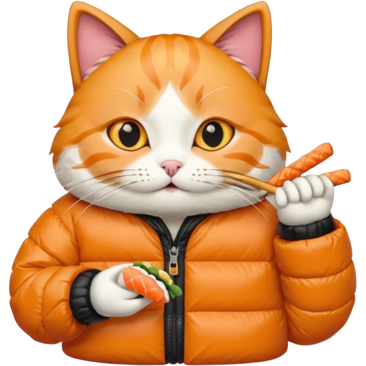 cat wearing a puffy jacket and eating sushi emoji