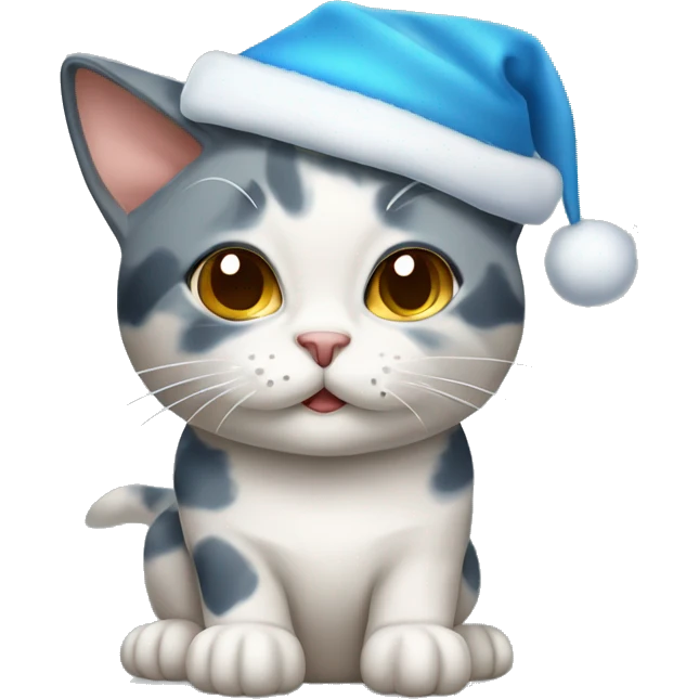 dilute calico cat with a blue x mas hat emoji