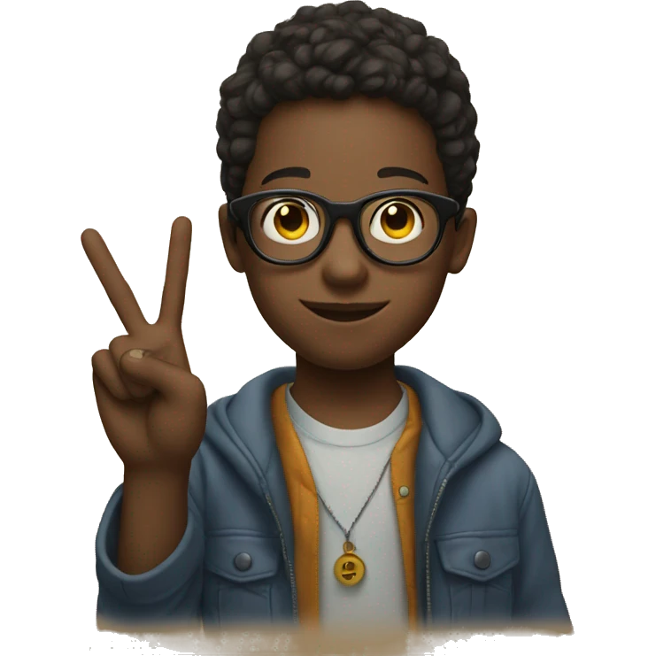 portrait of a boy with glasses holding up a peace sign with his fingers emoji