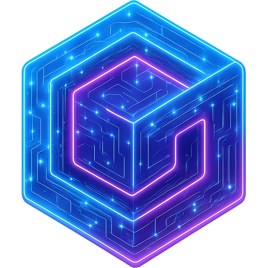 Transform the Gamecube logo into a cyberpunk, holographic style with glowing neon blue and pink edges, circuit patterns throughout the entire icon, and a transparent background. Maintain the recognizable Gamecube cube shape and purple color, overlaying neon and circuit effects in the same futuristic, clean style as previous cyberpunk icons. The whole icon should have a consistent cyberpunk glow and intricate circuit details in a sleek, futuristic manner. emoji