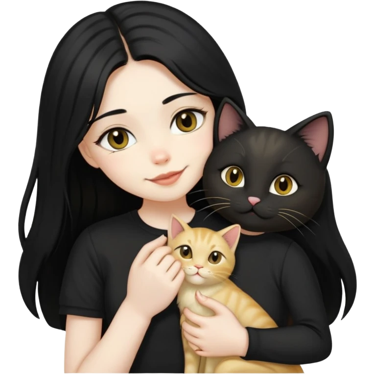 pale girl  with dark eyes and long black hair wearing black shirt kissing light gold cat holding smiling cat emoji