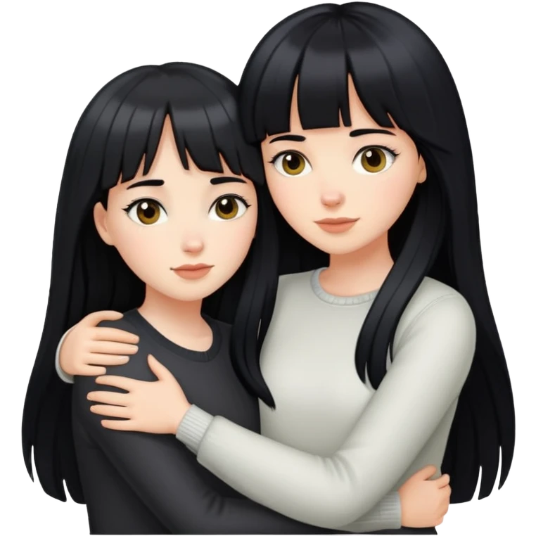 two white girls with long black hair hugging each other, one with bangs emoji