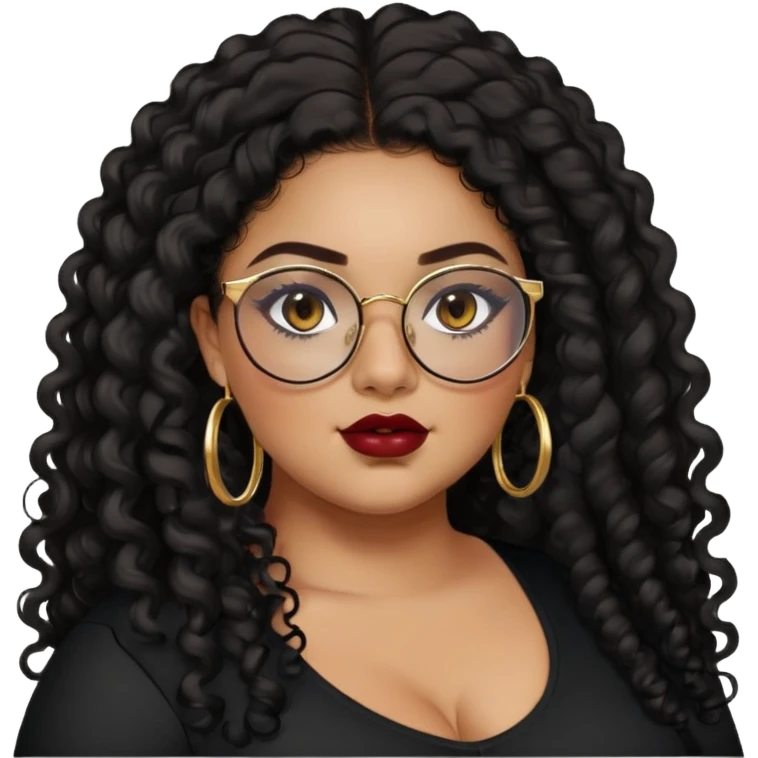 teen big plus size, latina, darker tan skin, gold hoops, long black curly hair, baddie,pretty, makeup, dark red lipgloss, black eyeliner, long hair, black shirt, BLACK glasses emoji