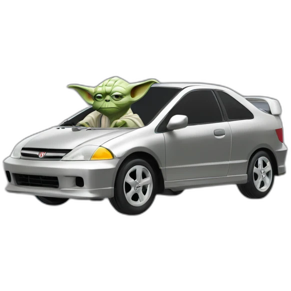 Yoda driving a silver 2001 Honda civic (he had too much ketamine) emoji